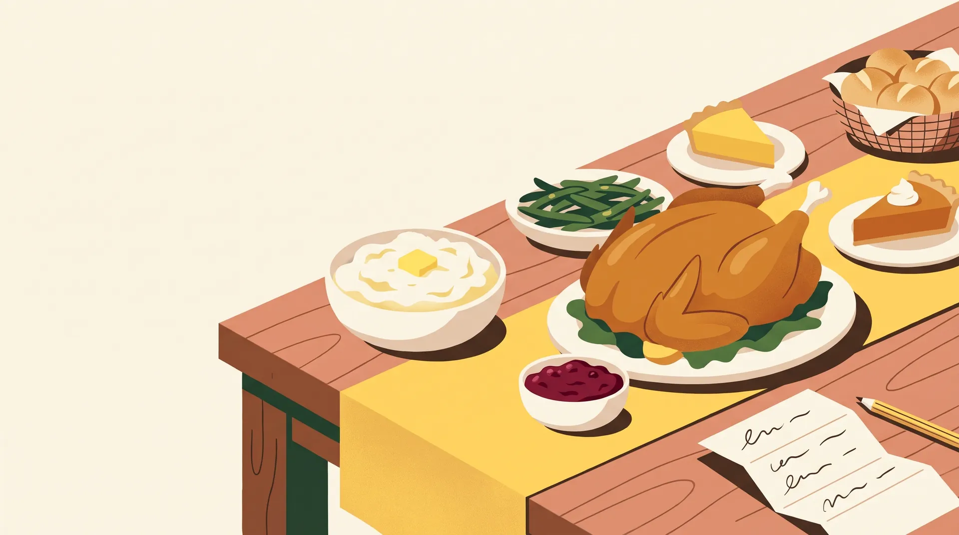 Illustration of a Thanksgiving table with a roast turkey, side dishes, pies and a shopping list