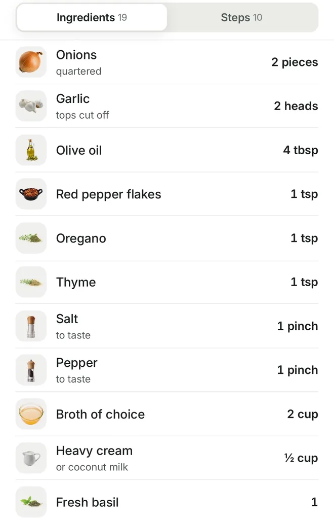 The ingredient list in Citron with 4 tbsp olive oil, 1 tsp red pepper flakes, oregano and thyme, and ½ cup heavy cream