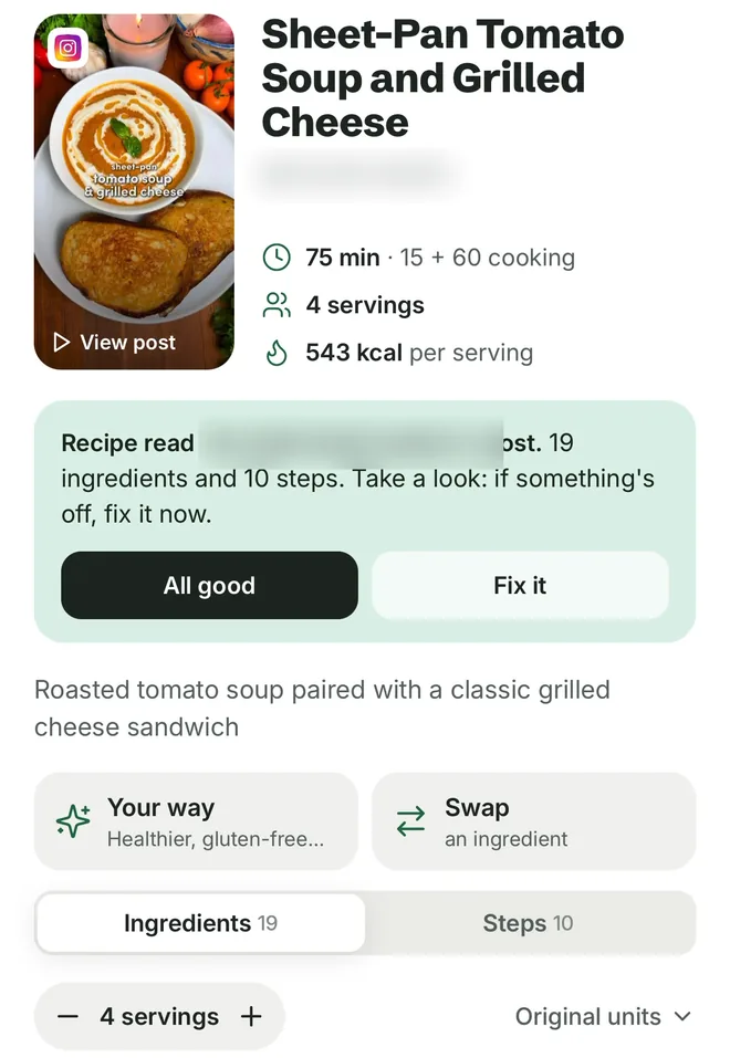 The recipe in Citron: Sheet-Pan Tomato Soup and Grilled Cheese with the reel's photo and a View post link, 75 min, 4 servings, 543 kcal per serving, and an Original units setting above the ingredients