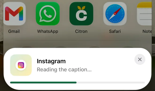 The iPhone share sheet's row of apps with Gmail, WhatsApp, Citron, Safari and Notes, and below it Citron's Instagram card, Reading the caption, with a progress bar
