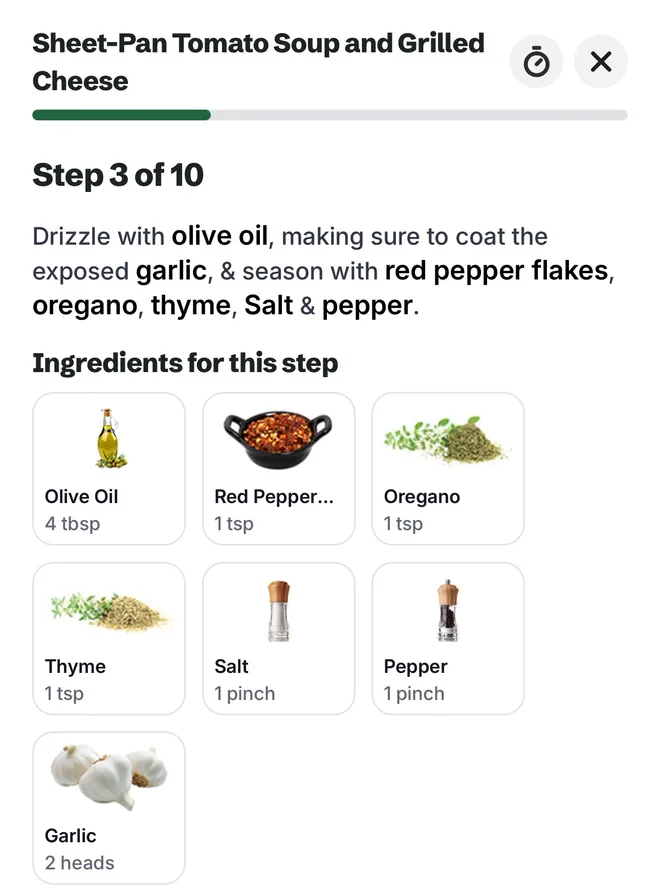 Citron's cooking mode on step 3 of 10, Drizzle with olive oil, with the ingredients for this step: olive oil 4 tbsp, red pepper flakes, oregano and thyme 1 tsp each, salt, pepper and garlic