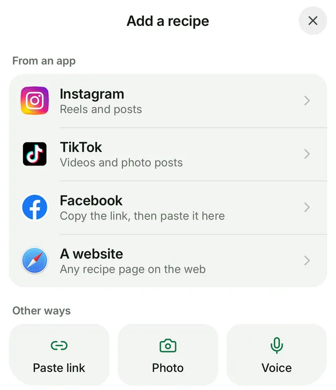 Citron's Add a recipe sheet with Instagram, TikTok, Facebook and A website, then Paste link, Photo and Voice