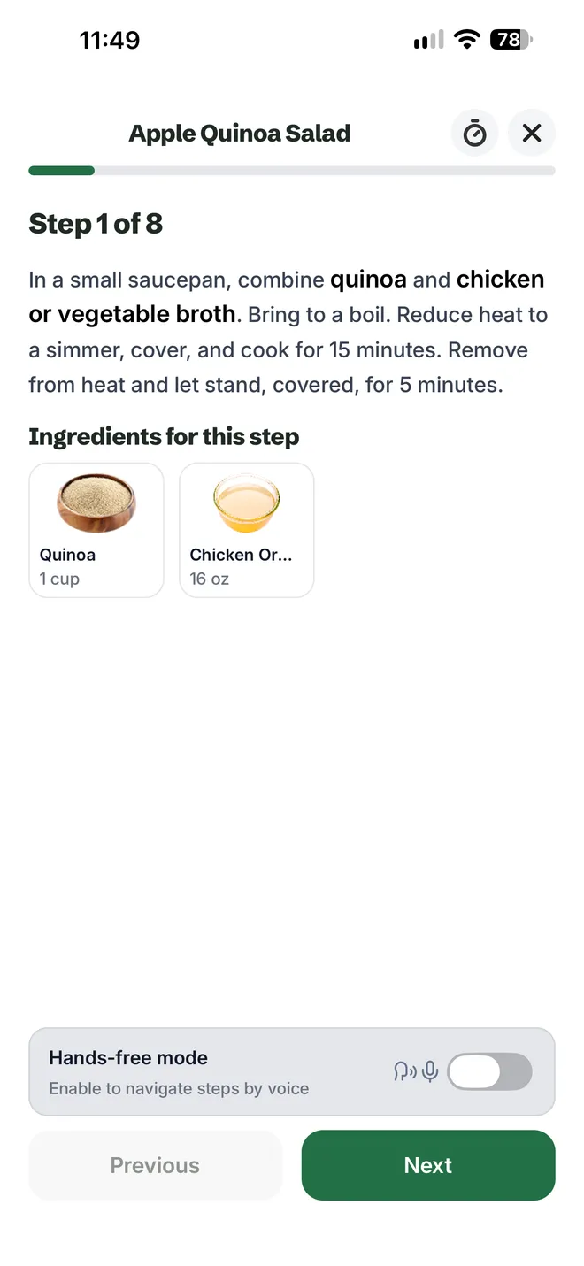 Citron's cooking mode on step 1 of 8 of the Apple Quinoa Salad, with the ingredients for that step