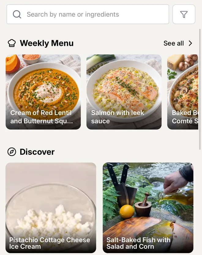 Citron's Discover tab: a search bar with a filter button, a Weekly Menu collection row, and the first Discover recipes