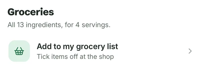 Citron's Groceries sheet for the recipe, with all 13 ingredients for 4 servings and an Add to my grocery list button