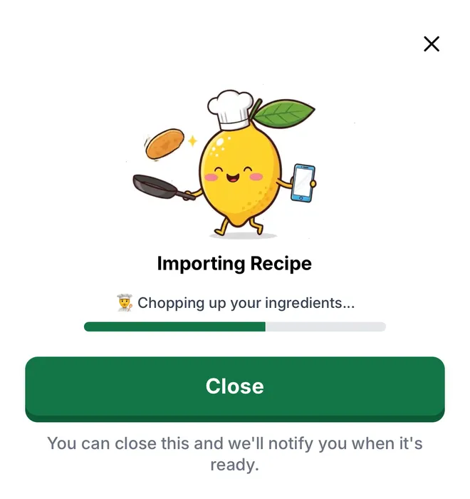 Citron's Importing Recipe screen with the lemon mascot, a progress bar and a Close button