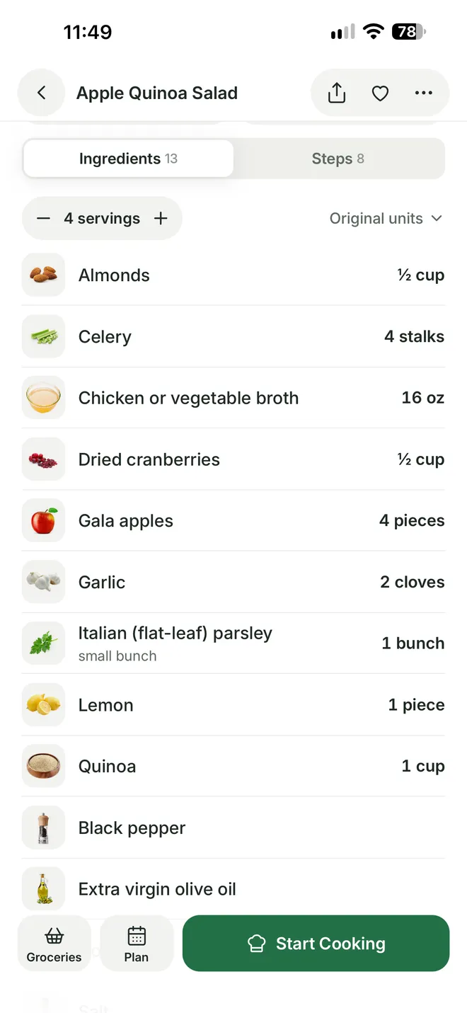 The Apple Quinoa Salad ingredient list in Citron with an Original units setting, ½ cup almonds, 4 stalks celery and 16 oz chicken or vegetable broth