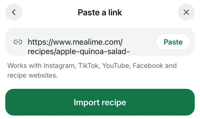 Citron's Paste a link screen with a Mealime recipe URL filled in and the Import recipe button