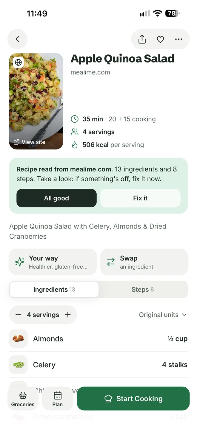 The imported Apple Quinoa Salad in Citron with its Mealime photo, 35 minutes, 4 servings, and a note that it was read from mealime.com with 13 ingredients and 8 steps