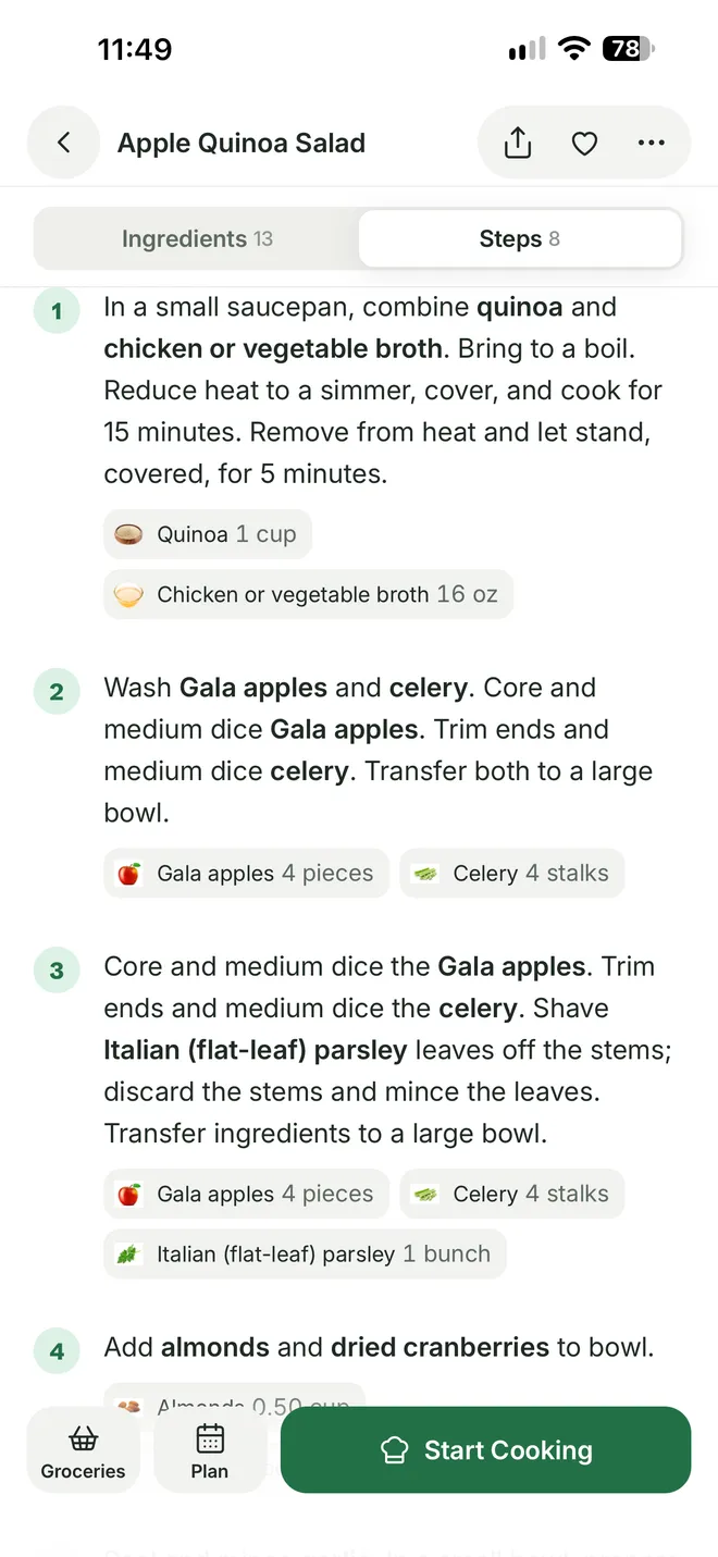 The Apple Quinoa Salad steps in Citron, each followed by the ingredients and amounts it uses