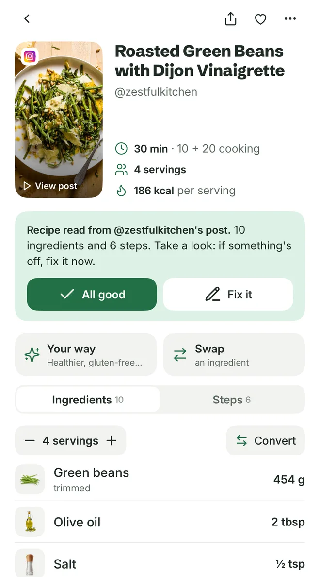 Roasted Green Beans with Dijon Vinaigrette saved in Citron from @zestfulkitchen's Instagram post: 30 min, 4 servings, a card reading Recipe read from @zestfulkitchen's post with All good and Fix it buttons, then 454 g trimmed green beans, 2 tbsp olive oil and ½ tsp salt