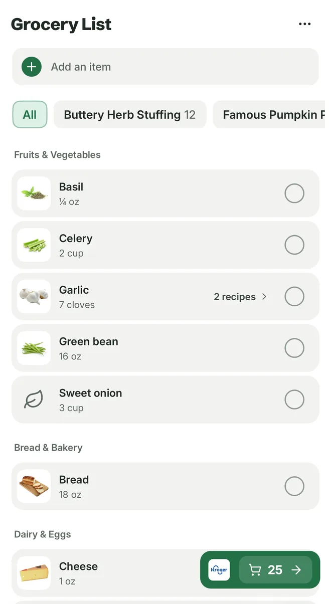 Citron's grocery list sorted by aisle: basil ¼ oz, celery 2 cup, garlic 7 cloves from 2 recipes, green bean 16 oz and sweet onion 3 cup, then bread 18 oz and cheese 1 oz