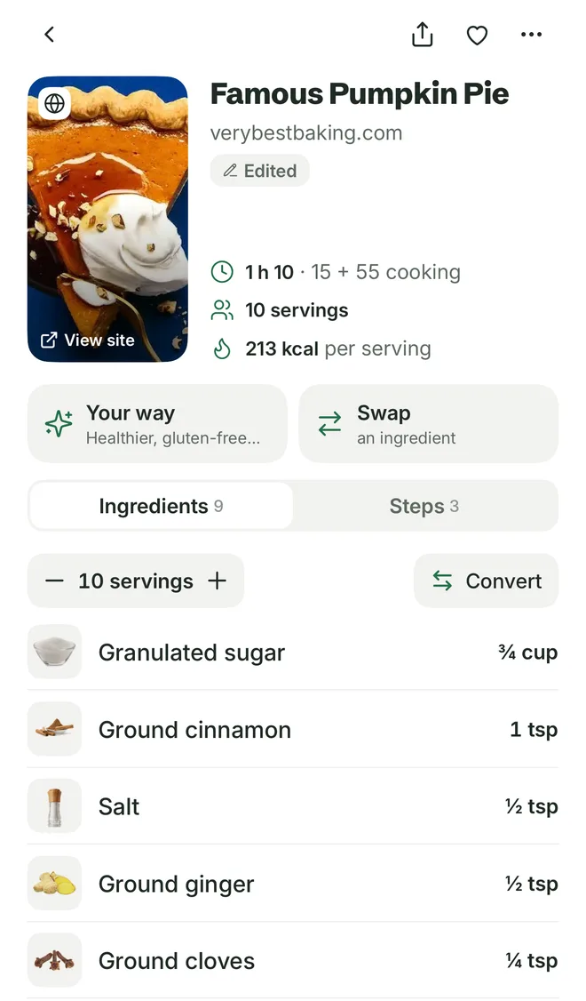 LIBBY'S Famous Pumpkin Pie saved in Citron from verybestbaking.com, marked Edited: 1 h 10, 10 servings, and the first ingredients, ¾ cup granulated sugar, 1 tsp ground cinnamon, ½ tsp salt, ½ tsp ground ginger and ¼ tsp ground cloves