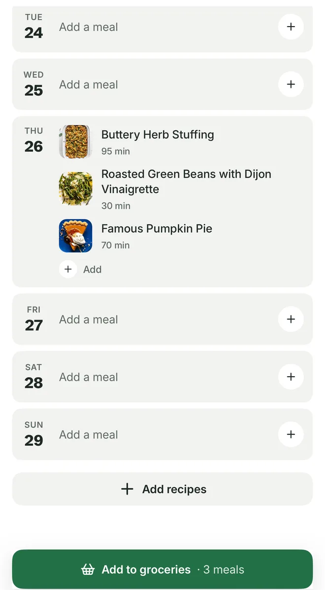 Citron's meal plan with Thursday 26 holding Buttery Herb Stuffing, Roasted Green Beans with Dijon Vinaigrette and Famous Pumpkin Pie, and an Add to groceries button for 3 meals