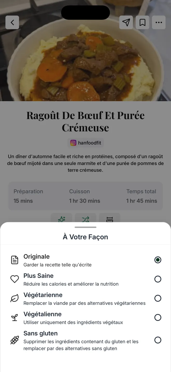 Une recette de ragoût de bœuf dans l'appli Citron, avec le panneau À Votre Façon : Originale, Plus Saine, Végétarienne, Végétalienne et Sans gluten.