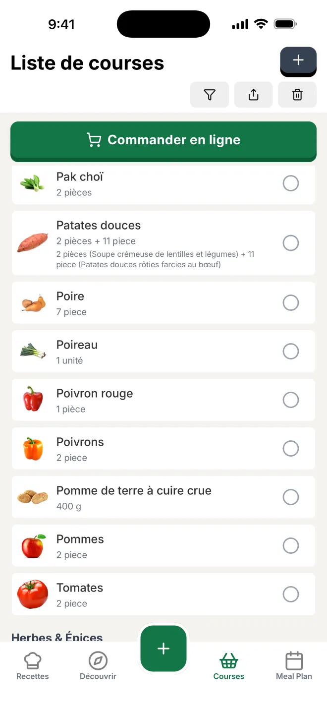 La liste de courses de l'appli Citron au rayon fruits et légumes : poire, poireau, poivrons, pommes de terre, pommes et tomates, avec leurs quantités et une case à cocher.