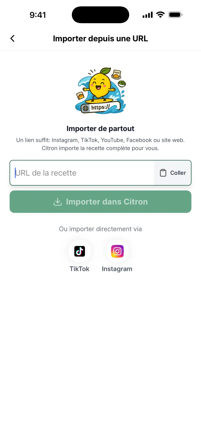 L'écran Importer depuis une URL de l'appli Citron, avec le champ URL de la recette, le bouton Coller et le bouton Importer dans Citron.