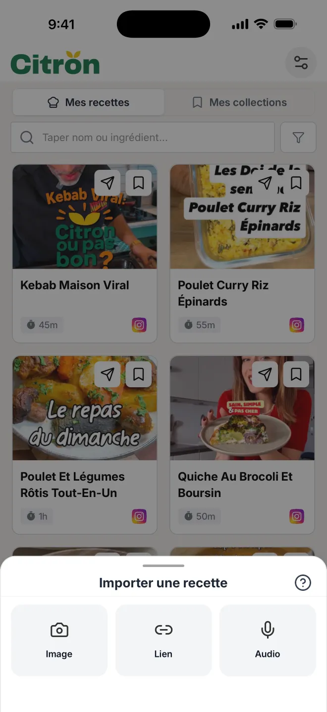L'appli Citron ouverte sur Mes recettes, avec le panneau Importer une recette et ses trois choix : Image, Lien et Audio.