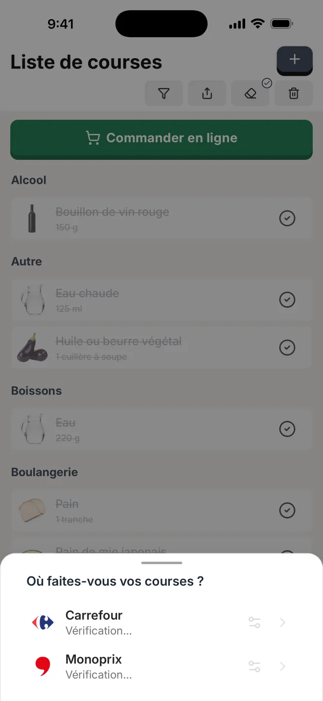 La liste de courses de l'appli Citron avec le bouton Commander en ligne, et le panneau Où faites-vous vos courses ? qui propose Carrefour et Monoprix.