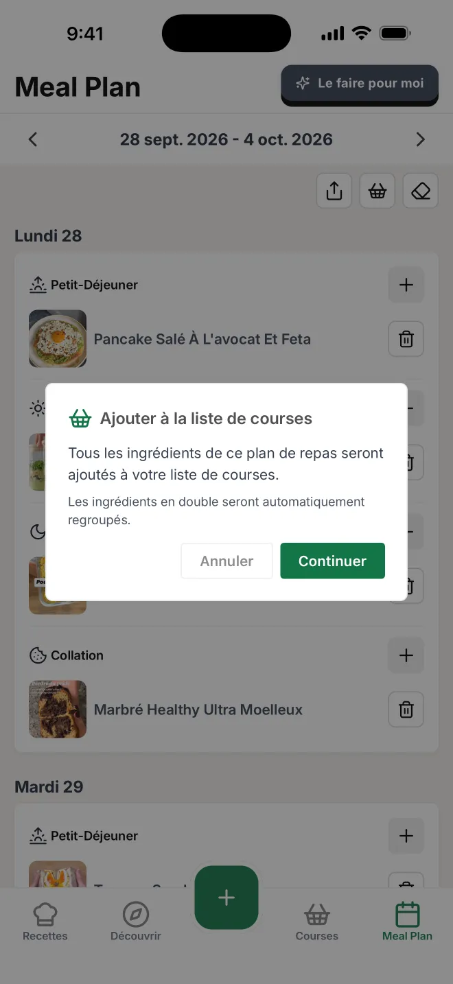 La fenêtre Ajouter à la liste de courses dans l'appli Citron, ouverte sur le menu de la semaine, avec les boutons Annuler et Continuer.