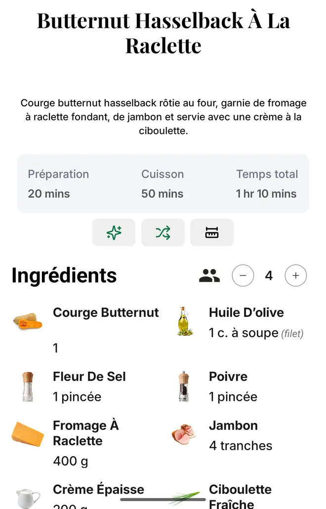 La même recette TikTok importée dans l'appli Citron : le titre « Butternut Hasselback À La Raclette », une description, 20 min de préparation et 50 min de cuisson, puis les ingrédients pour 4 portions dont huile d'olive 1 c. à soupe (filet) et fromage à raclette 400 g.