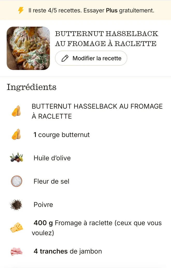 La recette TikTok importée dans ReciMe : le titre « BUTTERNUT HASSELBACK AU FROMAGE À RACLETTE » en majuscules, répété en première ligne des ingrédients, puis 1 courge butternut, huile d'olive, fleur de sel et poivre sans quantité, 400 g de fromage à raclette et 4 tranches de jambon.