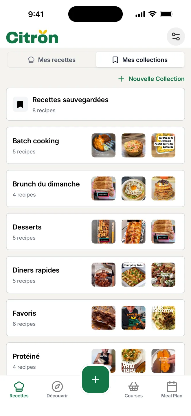 L'appli Citron ouverte sur Mes collections : Batch cooking, Brunch du dimanche, Desserts, Dîners rapides, Favoris et Protéiné, chacune avec ses recettes.