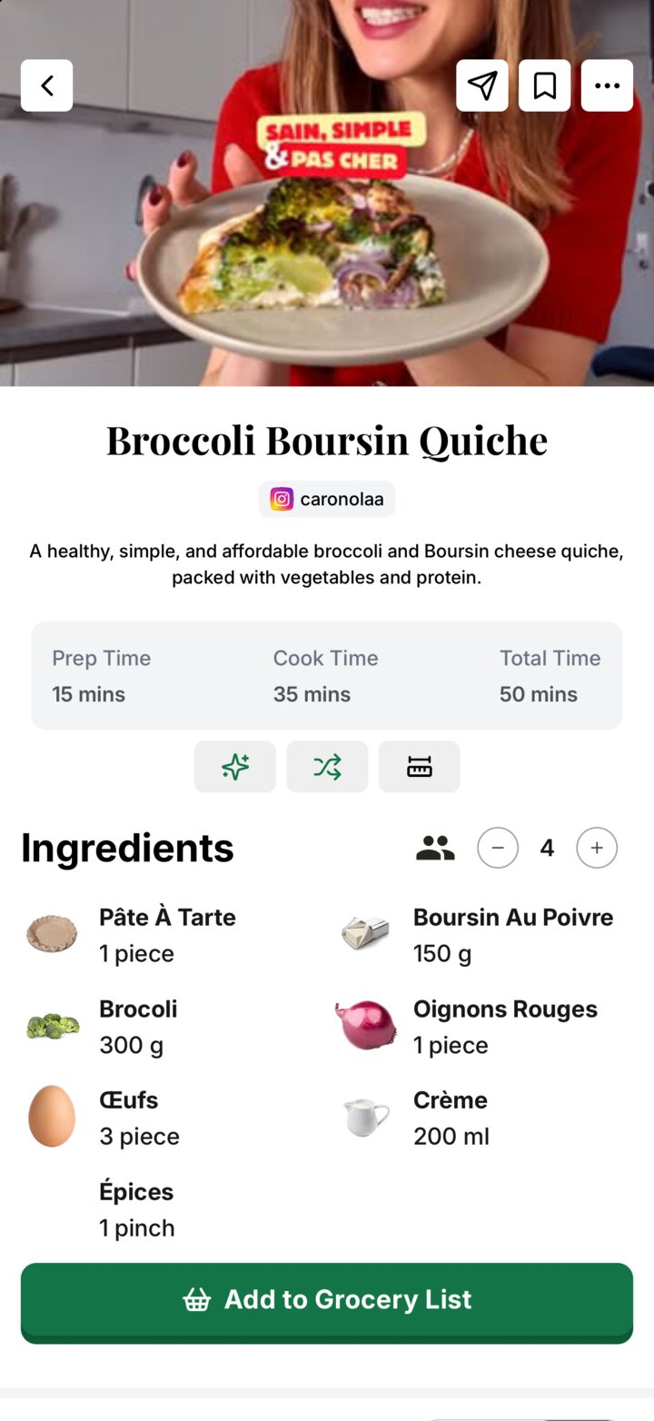 A recipe in the Citron app: broccoli and Boursin quiche, with its ingredients