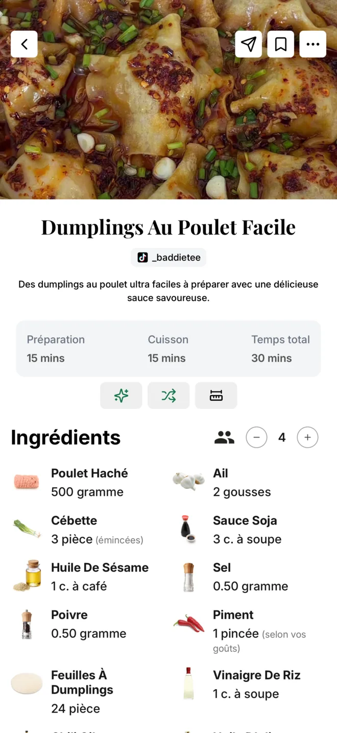 Une recette de dumplings au poulet importée d'une vidéo TikTok dans l'appli Citron : temps de préparation et de cuisson, puis la liste des ingrédients avec leurs quantités.