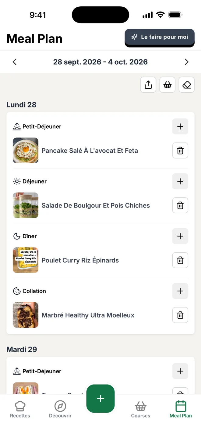 Le menu de la semaine dans l'appli Citron, du lundi 28 septembre au 4 octobre 2026 : un pancake salé au petit-déjeuner, une salade de boulgour au déjeuner, un poulet curry au dîner et un marbré en collation.